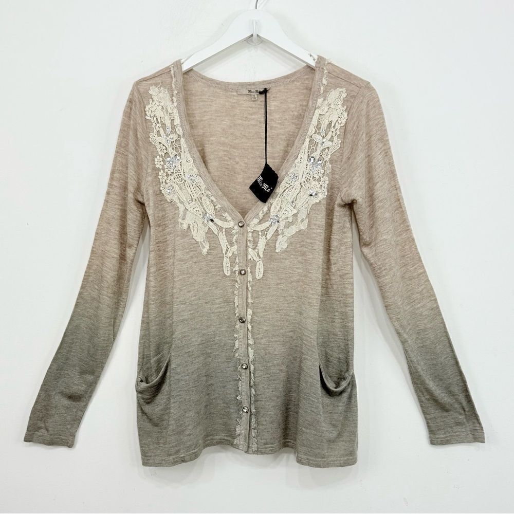Miss Me Tan Gray Ombré V Neck Lace Trim Rhinestone Jersey Stretch Cardigan NEW
